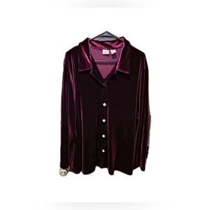 Vintage Velvet Top Deep Purple Button Down Shirt Whimsigoth Witchy 90s 22-24 3xl